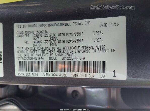 5TFAZ5CN3HX027646 2017 TOYOTA TACOMA Gray Engine compartment view