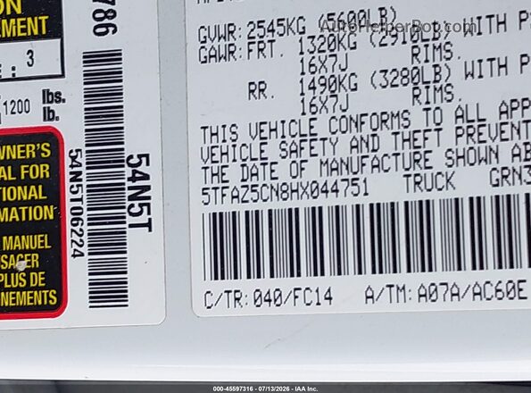 5TFAZ5CN8HX044751 2017 TOYOTA TACOMA White Вид підкапотного простору