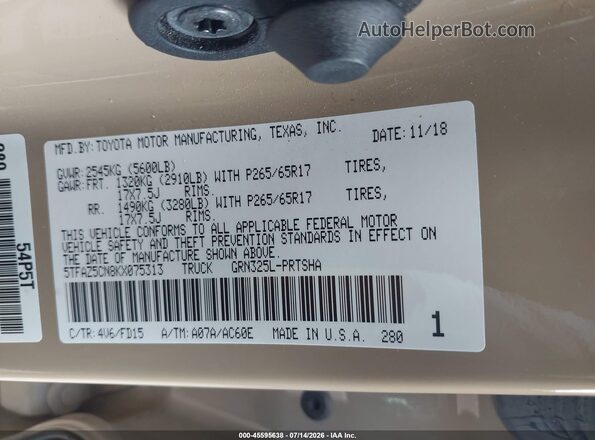 5TFAZ5CN8KX075313 2019 TOYOTA TACOMA Tan Engine compartment view