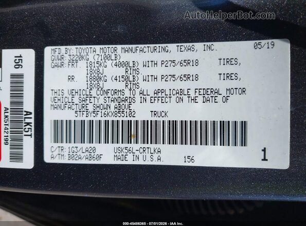 5TFBY5F16KX855102 2019 TOYOTA TUNDRA Серый Вид подкапотного пространства