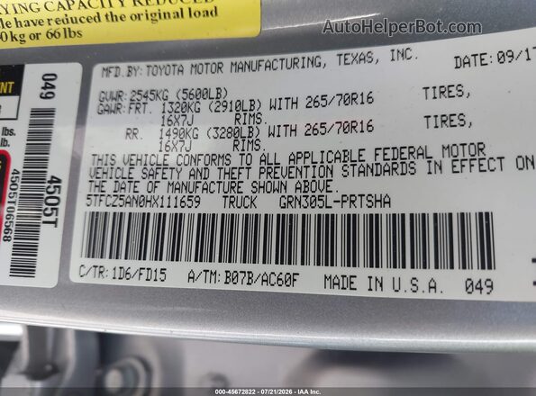 5TFCZ5AN0HX111659 2017 TOYOTA TACOMA Silver Вид підкапотного простору