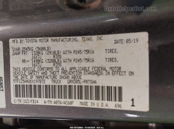 5TFCZ5AN2KX197872 2019 TOYOTA TACOMA Gray Widok komory silnika