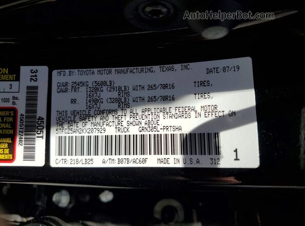 5TFCZ5AN2KX207929 2019 TOYOTA TACOMA Black Widok komory silnika