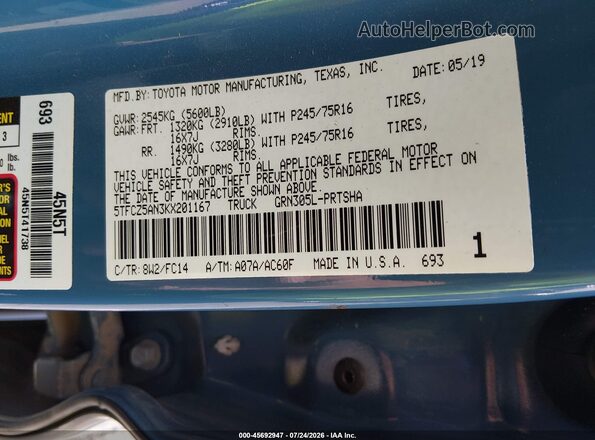 5TFCZ5AN3KX201167 2019 TOYOTA TACOMA Blue Вид підкапотного простору