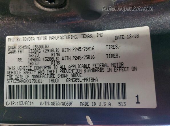 5TFCZ5AN6KX178161 2019 TOYOTA TACOMA Gray Շարժիչի բաժամունքի տեսք