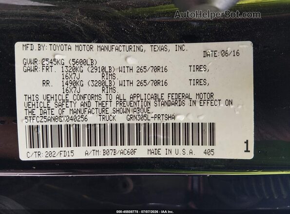5TFCZ5AN8GX040256 2016 TOYOTA TACOMA Black Widok komory silnika