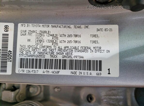 5TFCZ5AN8MX265532 2021 TOYOTA TACOMA Gray Widok komory silnika