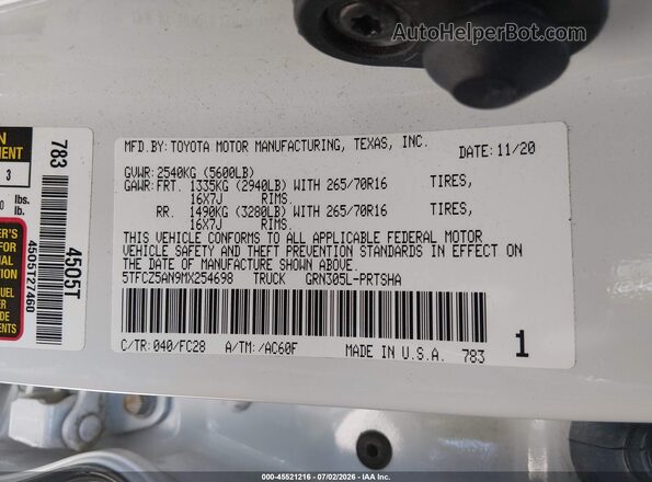5TFCZ5AN9MX254698 2021 TOYOTA TACOMA White Widok komory silnika