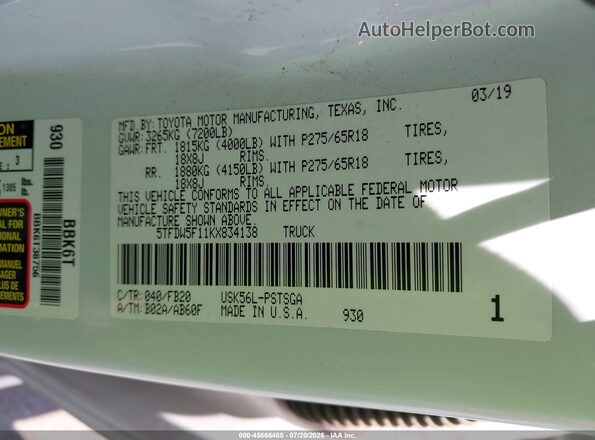 5TFDW5F11KX834138 2019 TOYOTA TUNDRA Белый Вид подкапотного пространства