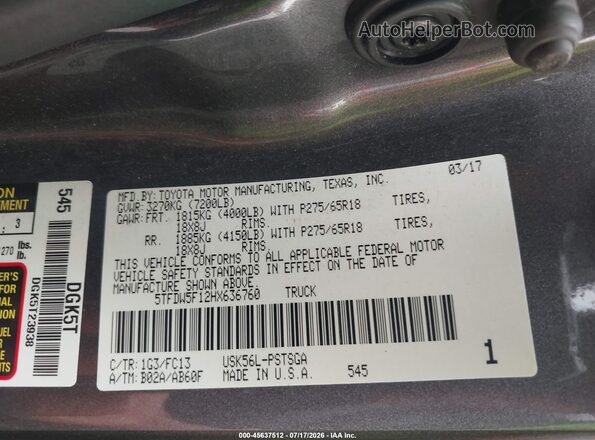 5TFDW5F12HX636760 2017 TOYOTA TUNDRA Gray Engine compartment view