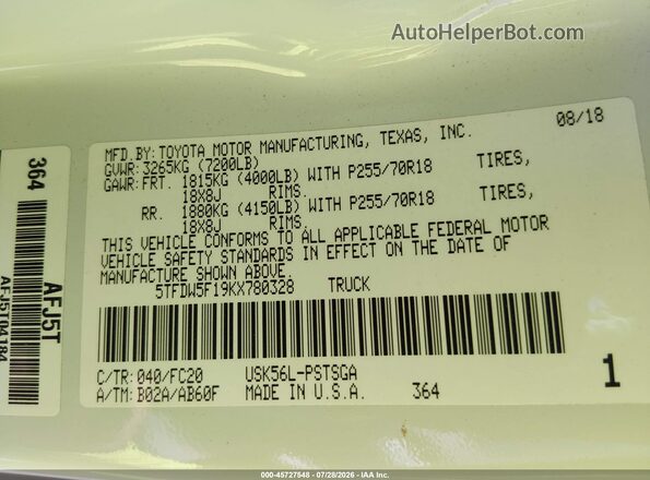 5TFDW5F19KX780328 2019 TOYOTA TUNDRA White Вид підкапотного простору