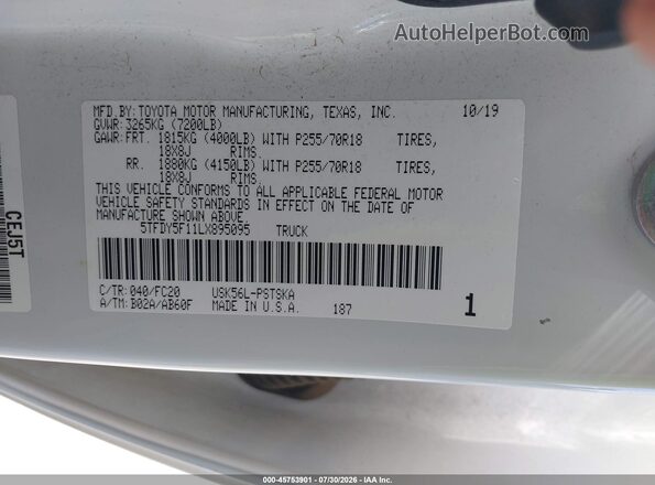 5TFDY5F11LX895095 2020 TOYOTA TUNDRA White Вид підкапотного простору