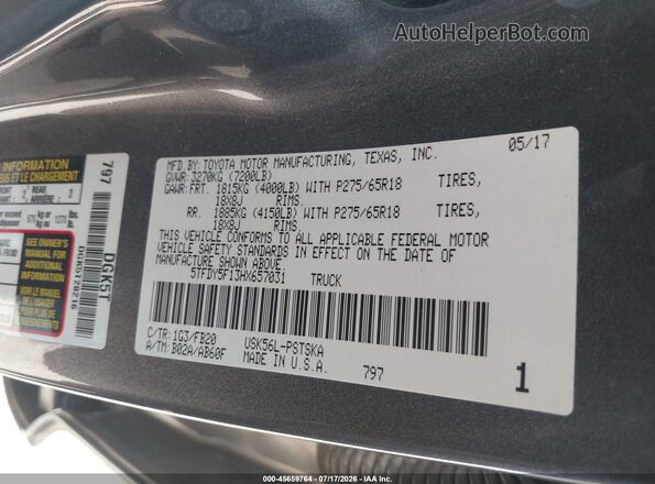 5TFDY5F13HX657031 2017 TOYOTA TUNDRA Gray Շարժիչի բաժամունքի տեսք