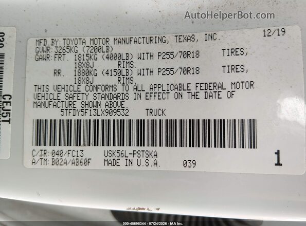 5TFDY5F13LX909532 2020 TOYOTA TUNDRA White Շարժիչի բաժամունքի տեսք