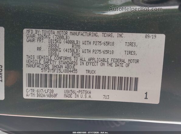 5TFDY5F15LX884455 2020 TOYOTA TUNDRA Green ძრავის განყოფილების ხედი