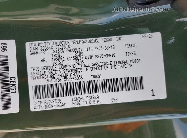 5TFDY5F15MX963836 2021 TOYOTA TUNDRA Green ძრავის განყოფილების ხედი