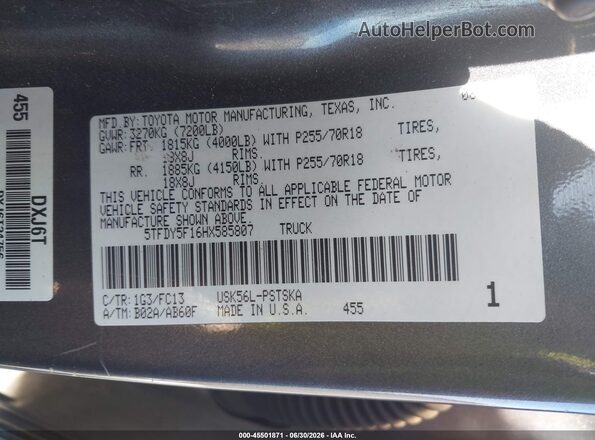 5TFDY5F16HX585807 2017 TOYOTA TUNDRA Gray Вид підкапотного простору