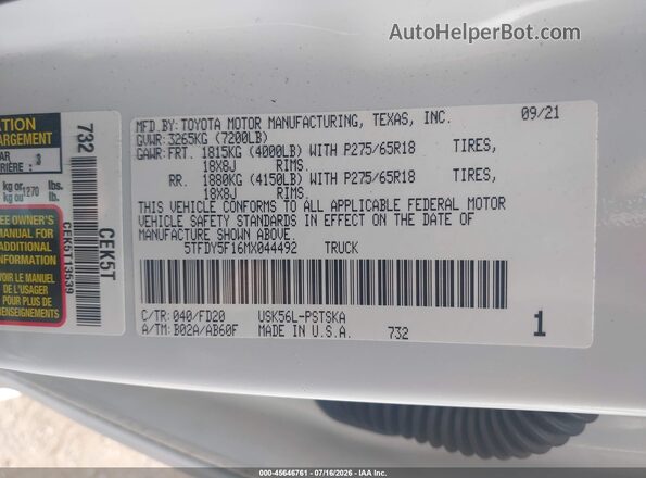 5TFDY5F16MX044492 2021 TOYOTA TUNDRA White Вид підкапотного простору