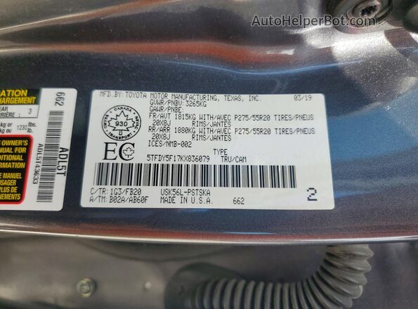 5TFDY5F17KX836079 2019 TOYOTA TUNDRA Gray ძრავის განყოფილების ხედი