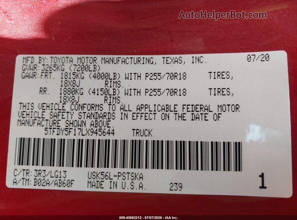 5TFDY5F17LX945644 2020 TOYOTA TUNDRA Red Շարժիչի բաժամունքի տեսք