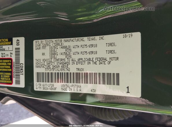 5TFDY5F1XLX891742 2020 TOYOTA TUNDRA Green Вид підкапотного простору