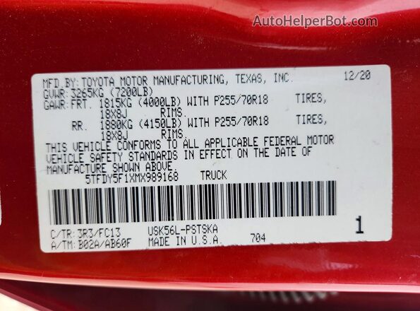 5TFDY5F1XMX989168 2021 TOYOTA TUNDRA Red VIN კოდის სტიკერის ხედი
