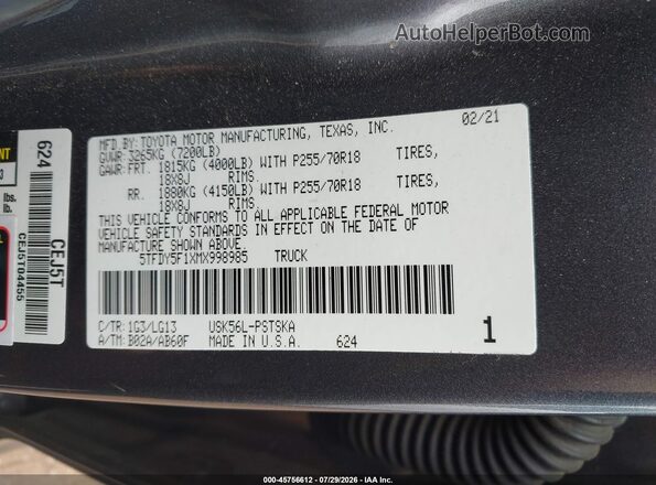 5TFDY5F1XMX998985 2021 TOYOTA TUNDRA Черный Вид подкапотного пространства