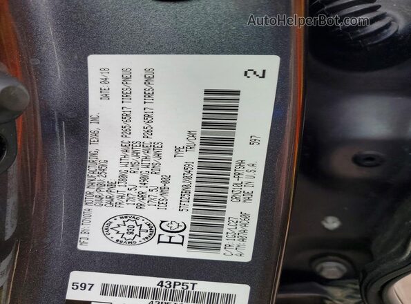 5TFDZ5BN0JX034591 2018 TOYOTA TACOMA Gray Vista de la etiqueta del VIN