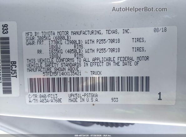 5TFEM5F14KX135421 2019 TOYOTA TUNDRA Белый Вид подкапотного пространства