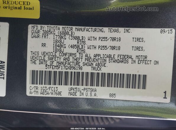 5TFEM5F17GX096198 2016 TOYOTA TUNDRA Gray ძრავის განყოფილების ხედი