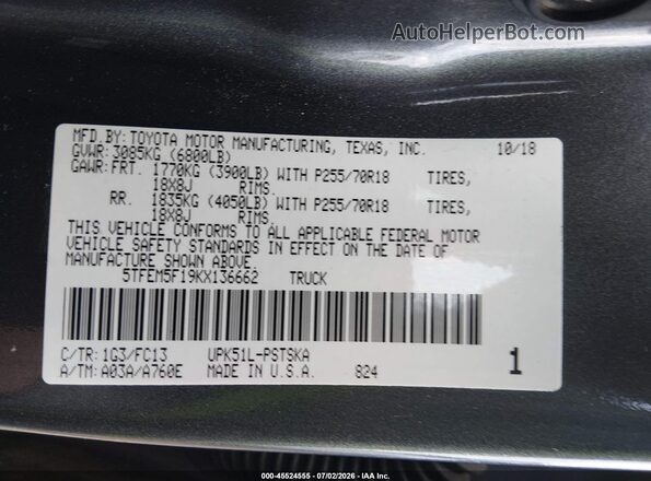5TFEM5F19KX136662 2019 TOYOTA TUNDRA Серый Вид подкапотного пространства