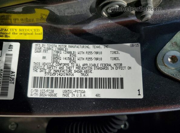 5TFEW5F14GX196916 2016 TOYOTA TUNDRA Gray Widok naklejki z numerem VIN