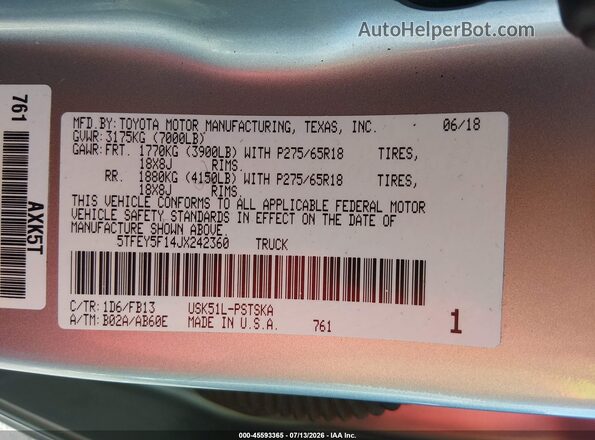 5TFEY5F14JX242360 2018 TOYOTA TUNDRA Silver Շարժիչի բաժամունքի տեսք