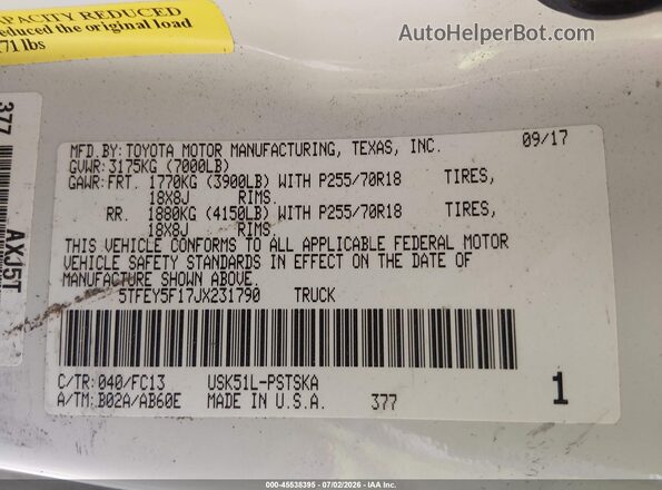 5TFEY5F17JX231790 2018 TOYOTA TUNDRA White Շարժիչի բաժամունքի տեսք