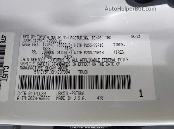5TFEY5F18MX287984 2021 TOYOTA TUNDRA White Вид підкапотного простору