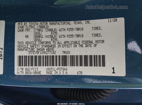 5TFEY5F1XMX277182 2021 TOYOTA TUNDRA Blue Շարժիչի բաժամունքի տեսք