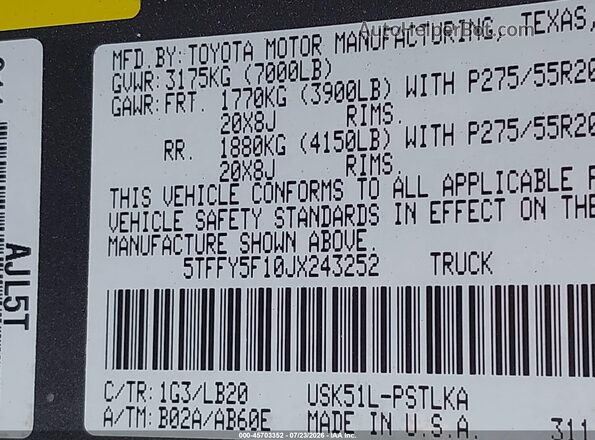 5TFFY5F10JX243252 2018 TOYOTA TUNDRA Gray Շարժիչի բաժամունքի տեսք