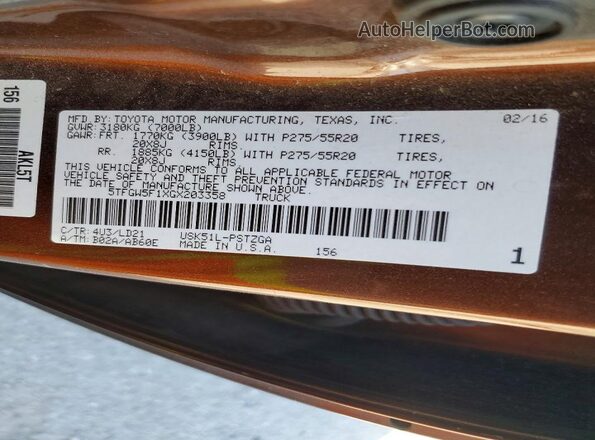 5TFGW5F1XGX203358 2016 TOYOTA TUNDRA Brown Vista del compartimento del motor