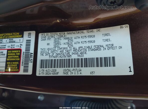 5TFHW5F14GX567005 2016 TOYOTA TUNDRA Brown Շարժիչի բաժամունքի տեսք