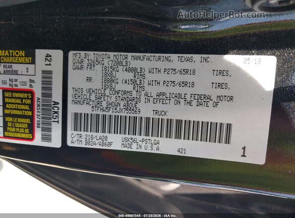 5TFHW5F15JX755569 2018 TOYOTA TUNDRA Black ძრავის განყოფილების ხედი