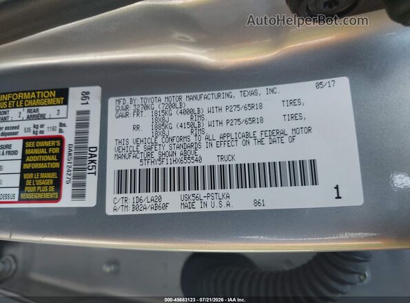 5TFHY5F11HX655540 2017 TOYOTA TUNDRA Silver Вид підкапотного простору