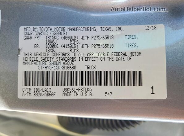 5TFHY5F15KX810680 2019 TOYOTA TUNDRA Silver VIN sticker view