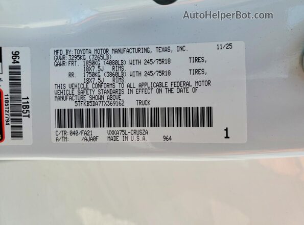 5TFKB5DA7TX369162 2026 TOYOTA TUNDRA Белый Вид подкапотного пространства