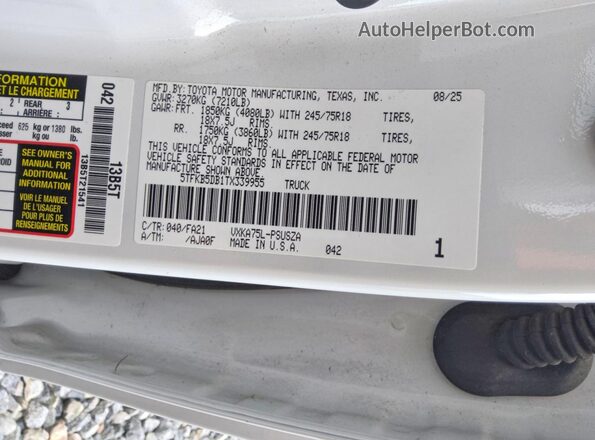 5TFKB5DB1TX339955 2026 TOYOTA TUNDRA White ძრავის განყოფილების ხედი