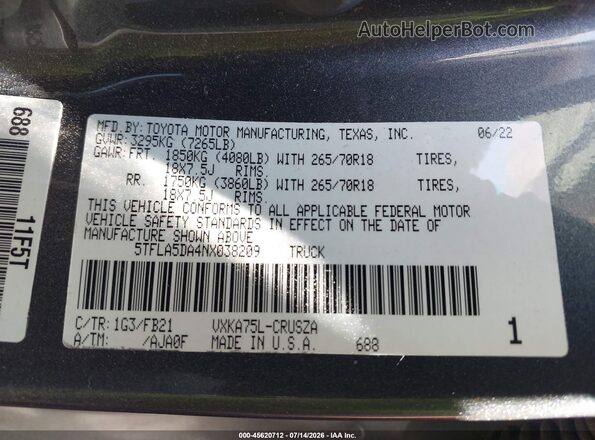 5TFLA5DA4NX038209 2022 TOYOTA TUNDRA Gray Вид підкапотного простору