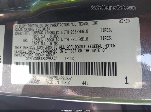 5TFLA5DB1SX296675 2025 TOYOTA TUNDRA Gray Widok komory silnika