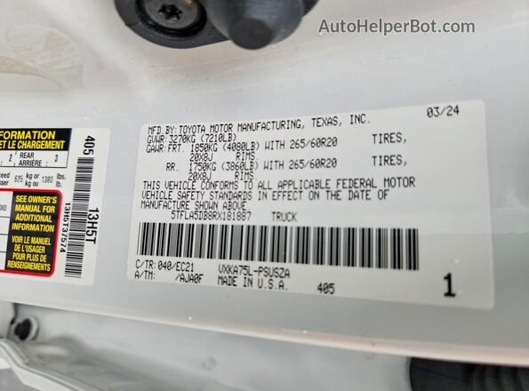 5TFLA5DB8RX181887 2024 TOYOTA TUNDRA White Widok komory silnika