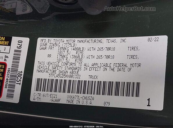 5TFLA5GD5NX001322 2022 TOYOTA TUNDRA Green Widok komory silnika