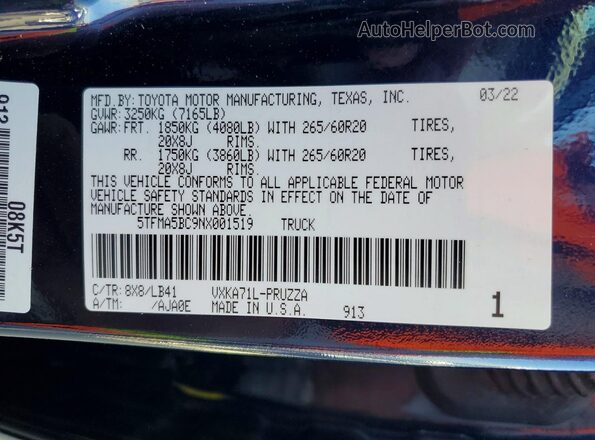 5TFMA5BC9NX001519 2022 TOYOTA TUNDRA Blue Շարժիչի բաժամունքի տեսք