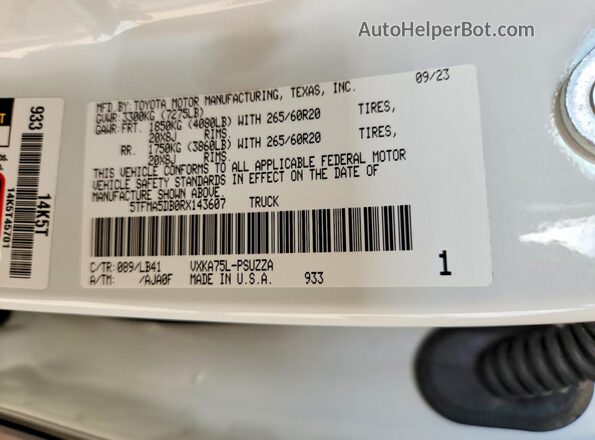 5TFMA5DB0RX143607 2024 TOYOTA TUNDRA White Вид підкапотного простору